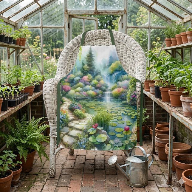 Verzauberter Wasserfallgarten Lilienteich Schürze (Enchanted Waterfall Garden Lily Pond Apron Over Wicker Chair)