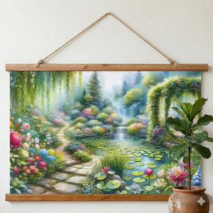 Verzauberter Wasserfallgarten Seerosenteich Wandteppich Mit Holzrahmen