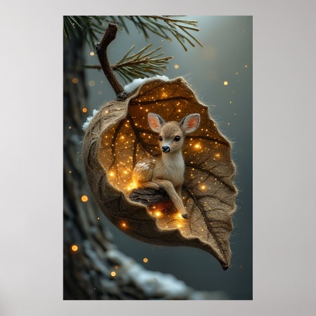 Verzauberter Winterfawn – Glühender Blätterschutz Poster (Vorne)
