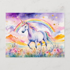 Verzaubertes Einhorn unter einem glühenden Regenbo Postkarte
