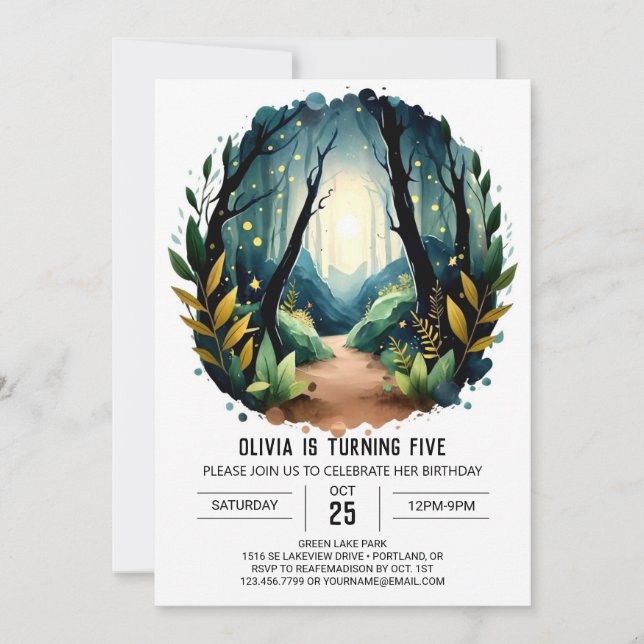 Verzaubertes Feuerstein Naturwald zum Geburtstag Einladung (Vorderseite)