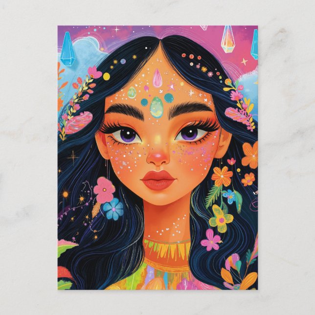 Verzaubertes Mädchen mit Blume Postüberqueren Postkarte (Vorderseite)