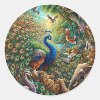 🦚 ✨ verzaubertes Pfauenkonzert im Dschungel 🎨 🌿 Runder Aufkleber