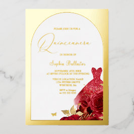 Verzaubertes Rotes Kleid Blush Bloral Quinceanera  Folieneinladung