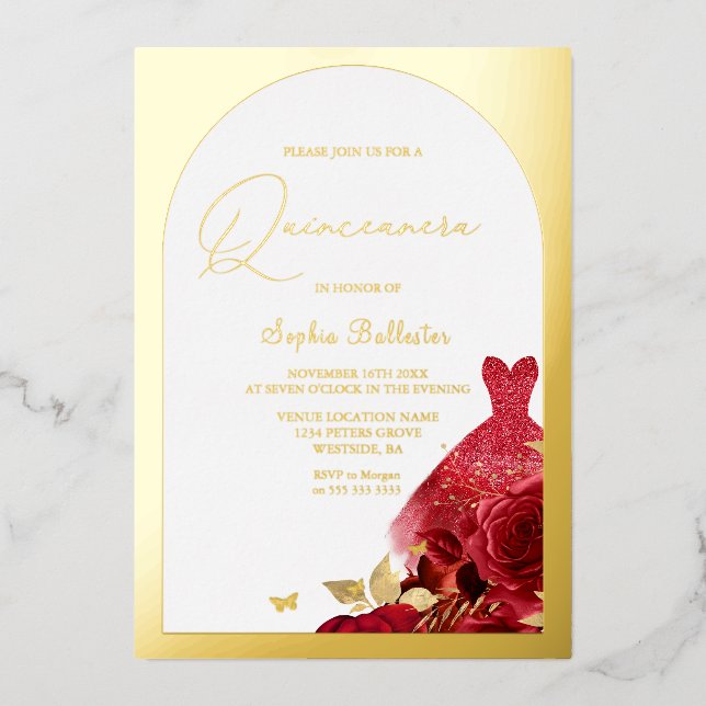 Verzaubertes Rotes Kleid Blush Bloral Quinceanera  Folieneinladung (Vorderseite)