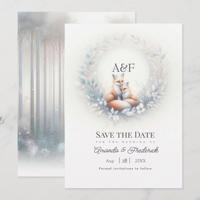 Verzaubertes Wald-Fuchs-Paar-Monogramm-Hochzeit Save The Date (Vorne/Hinten)