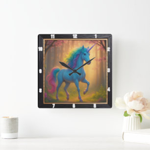 Verzaubertes Wald-Regenbogen-Einhorn Quadratische Wanduhr