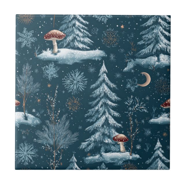 Verzaubertes Winterwald-Nachtmuster Fliese (Vorderseite)