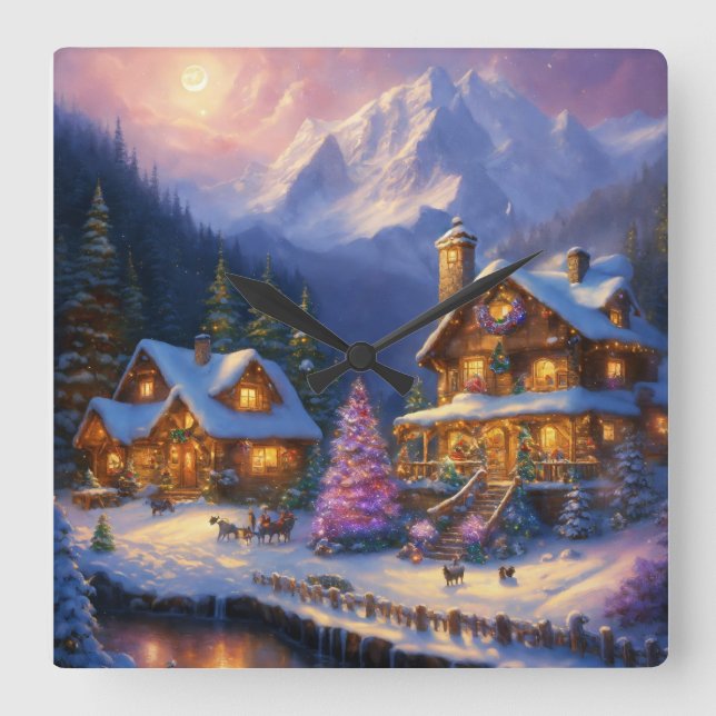 Verzauberung im Winter: Ein Thomas-Kinkade-Inspir Quadratische Wanduhr (Vorderseite)