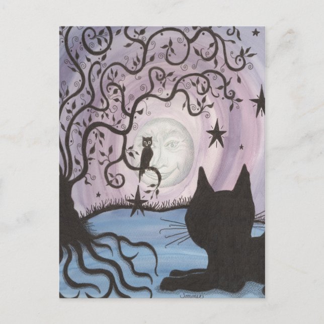 Verzauberung Katze mit der Mondpostkarte Postkarte (Vorderseite)