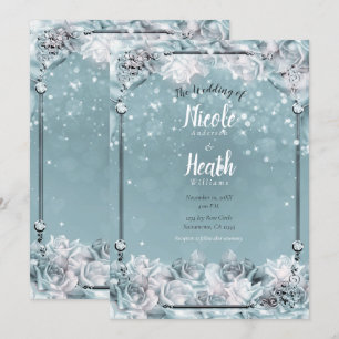 Verzaubte Winterrosen Silber Weiß Türkis Hochzeit Einladung