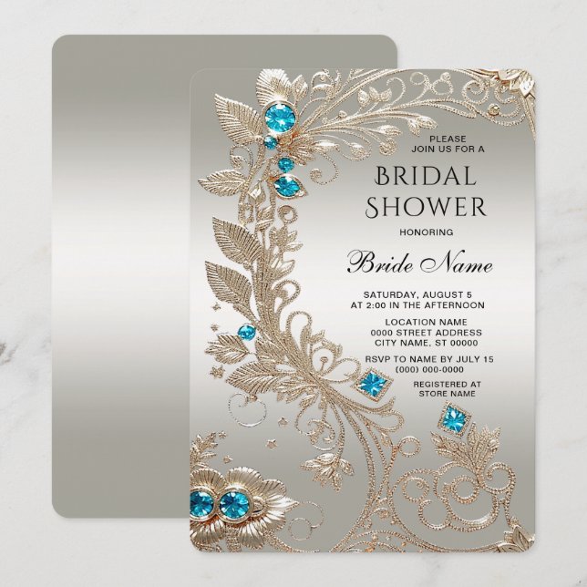 Verzieren Sie das Gold Blue Stones Brautparty Einladung (Vorne/Hinten)