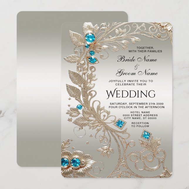 Verzieren Sie Gold Blue Stones Einladung Hochzeit (Vorne/Hinten)