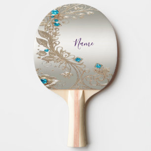 Verzieren Sie Gold Blue Stones Ping Pong Paddle Tischtennis Schläger