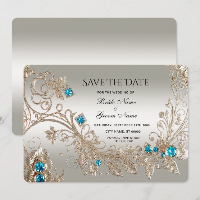 Verzieren Sie Gold Blue Stones Save the Date (Vorne/Hinten)