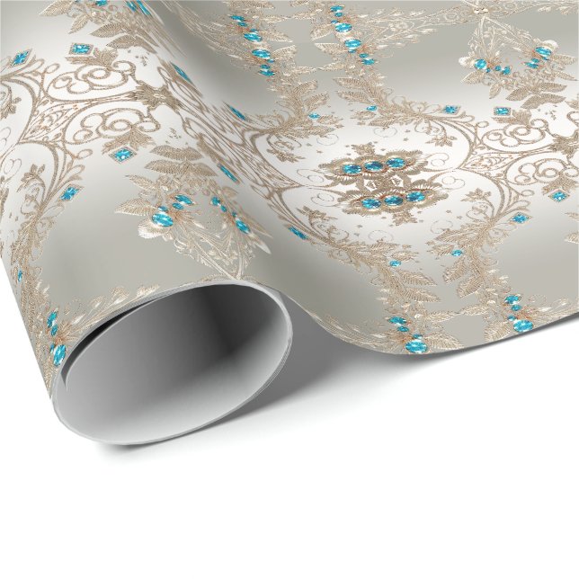 Verzieren Sie Gold Blue Stones Wrapping Paper Geschenkpapier (Rolleneckpunkt)