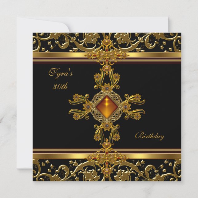 Verziert Black Gold Amber Jewel 30. Geburtstag Einladung (Vorderseite)