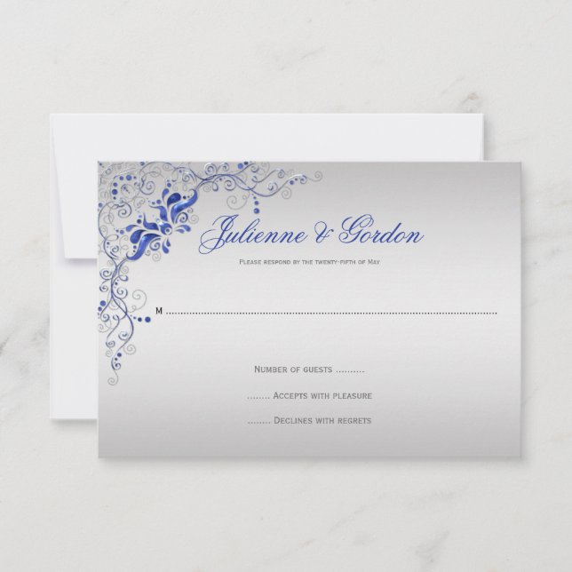 Verziert Blue Silver Blumen Wirbel UAWG RSVP Karte (Vorderseite)