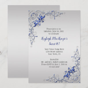 Verziert Blue Silver Wirbel auf Silver Sweet 16 Einladung