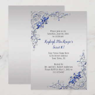 Verziert Blue Silver Wirbel auf Silver Sweet 16 Einladung