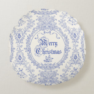 Verziert Classic Vintag Merry Christmas Blue Toile Rundes Kissen