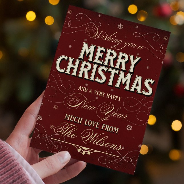 Verziert Elegantes traditionelles Foto Weihnachten (red merry christmas ornate elegant traditional holiday card script writing with photo back)