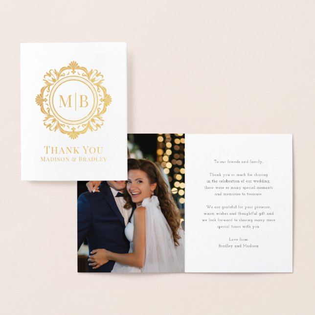 Verziert Floral Monogram Wedding Danke Foto Folienkarte (Anzeige)