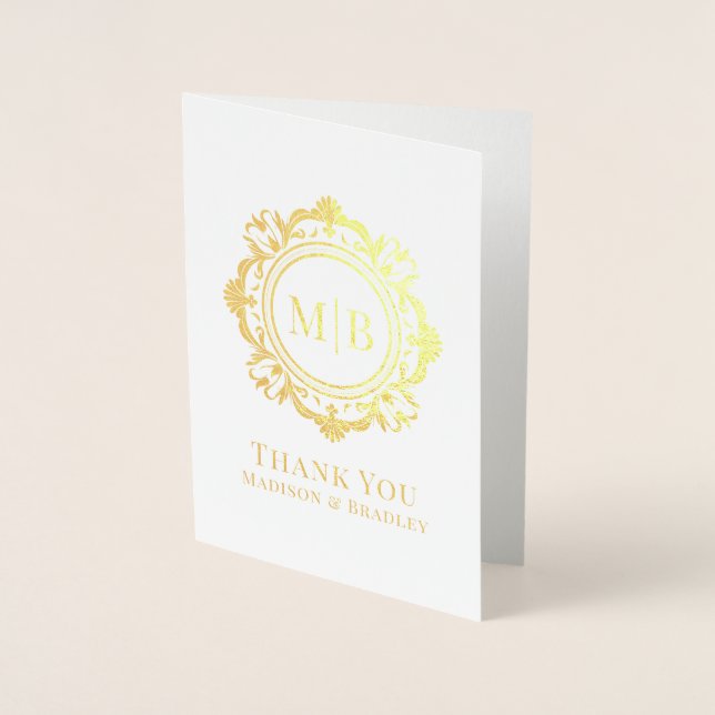 Verziert Floral Monogram Wedding Vielen Dank Folienkarte (Vorderseite)
