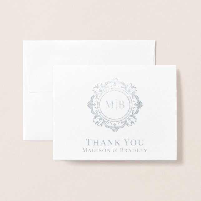 Verziert Floral Monogram Wedding Vielen Dank Folienkarte (Vorderseite mit Umschlag)