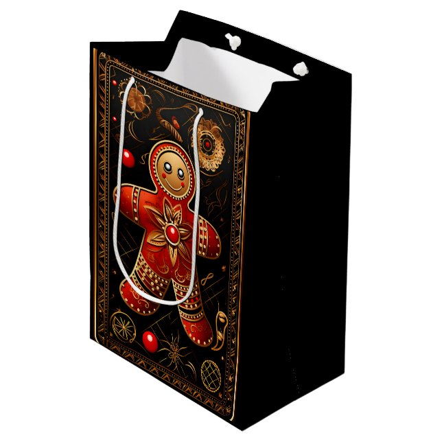 Verziert Gingerbrot Cookie Black Red Gold Weihnach Mittlere Geschenktüte (Vorderseite Schrägansicht)