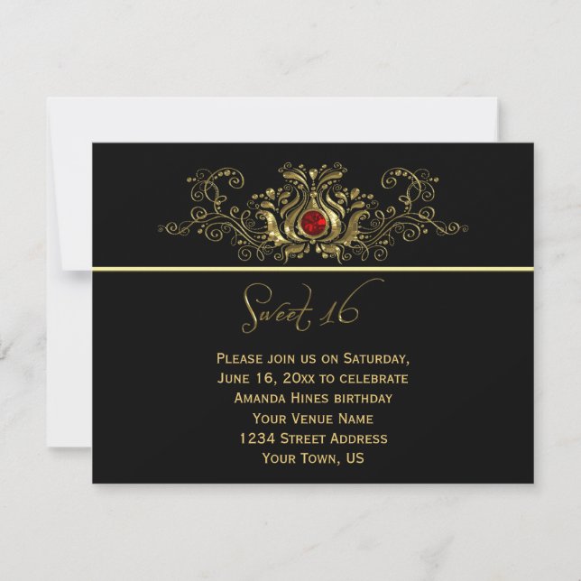 Verziert Gold Black Wirbel Red Ruby Jewel Sweet 16 Einladung (Vorderseite)