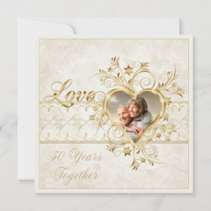 Verziert Gold Hearts Wirbel Foto 50. Hochzeit Einladung