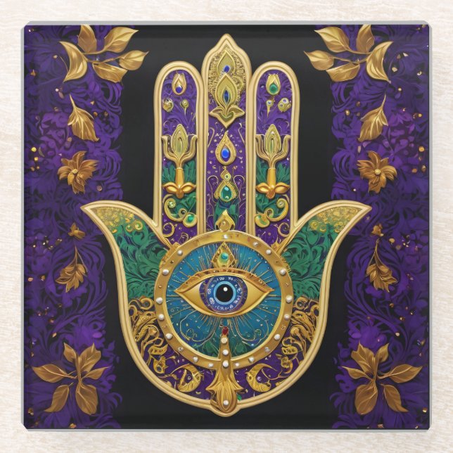 Verziert Gold Third Eye Hamsa Glasuntersetzer (Vorderseite)