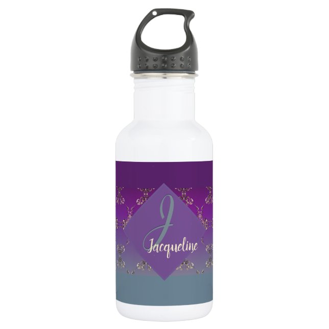 Verziert Lila Aquamarine Monogramm Edelstahlflasche (Vorderseite)