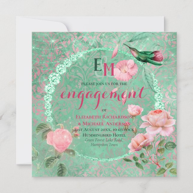 Verziert Minze Grün Rosa Gold HUMMINGBIRD Verlobun Einladung (Vorderseite)