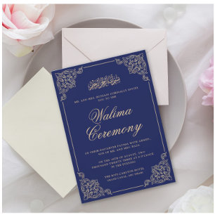Verziert Navy Blue Walima Islamische Hochzeit Einladung