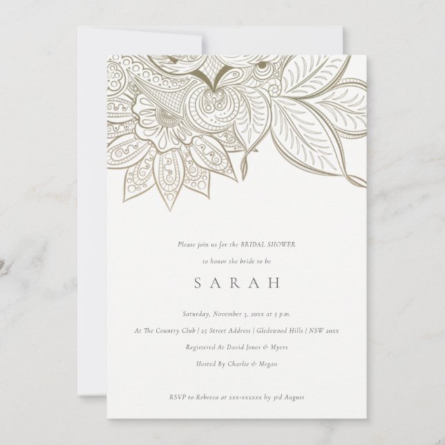 Verziert Paisley Ivory Gold Brautparty Einladung (Vorderseite)