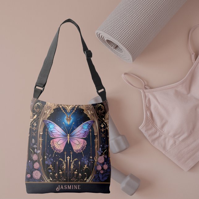 Verziert Pink Blue Gold Stilvolle Butterfly Tragetaschen Mit Langen Trägern (Butterfly Lover Pink Blue Gold Stylish Crossbody Tote Bag)