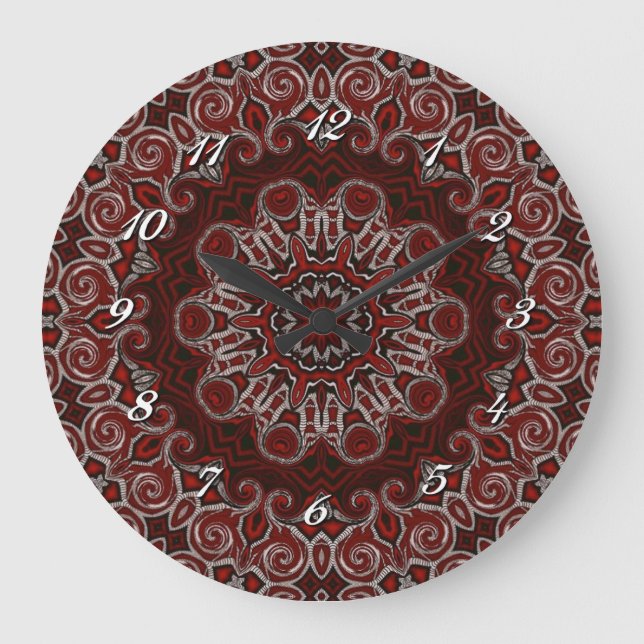 Verziert Red Bohemisch Mandala Wall Clock Große Wanduhr (Vorderseite)