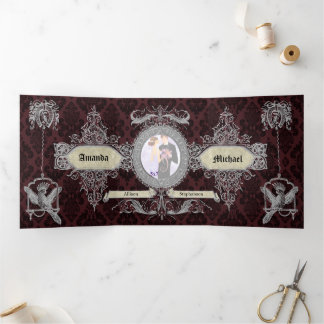 Verziert Red Damask Vintage Wedding Dreifach Gefaltete Einladung