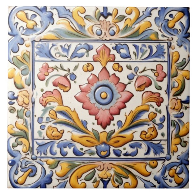 Verziert Rosa Gelbe blaue Blume Blütenblume Fliese (Vorderseite)