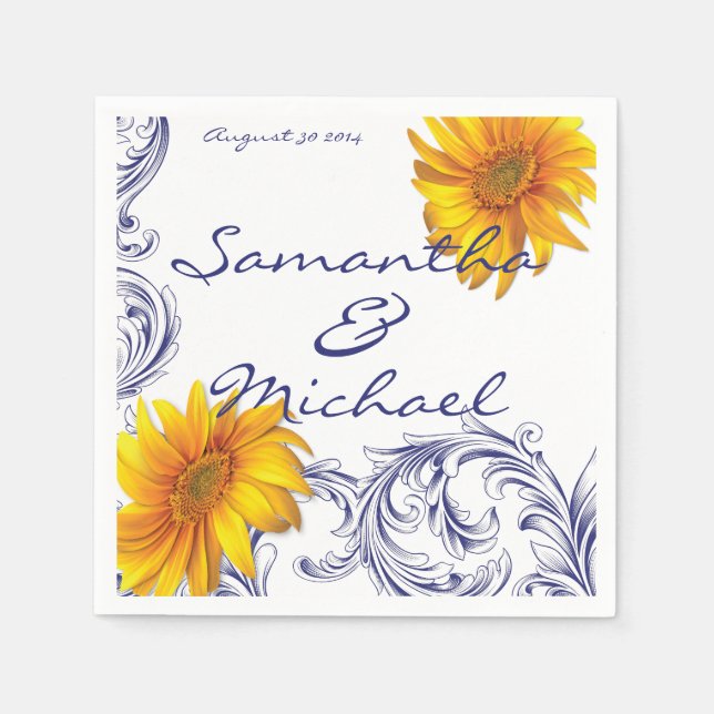 Verziert Royal Blue Yellow Sunflores Serviette (Vorderseite)