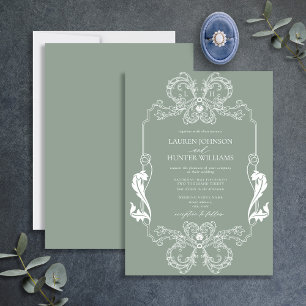 Verziert Sage Green Floral Line Art Monogram Weddi Einladung