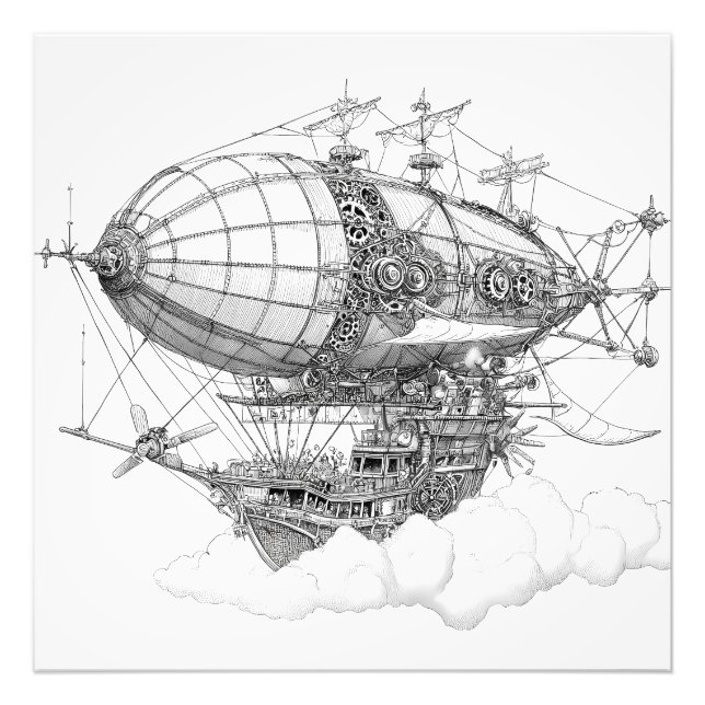 Verziert Schwarz-weißer Steampunk Zeppelin Zeichne Fotodruck (Vorne)