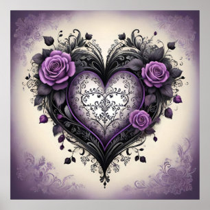 Verziert Schwarzes Lila Herz 💜 Gothic Vintag Styl Poster