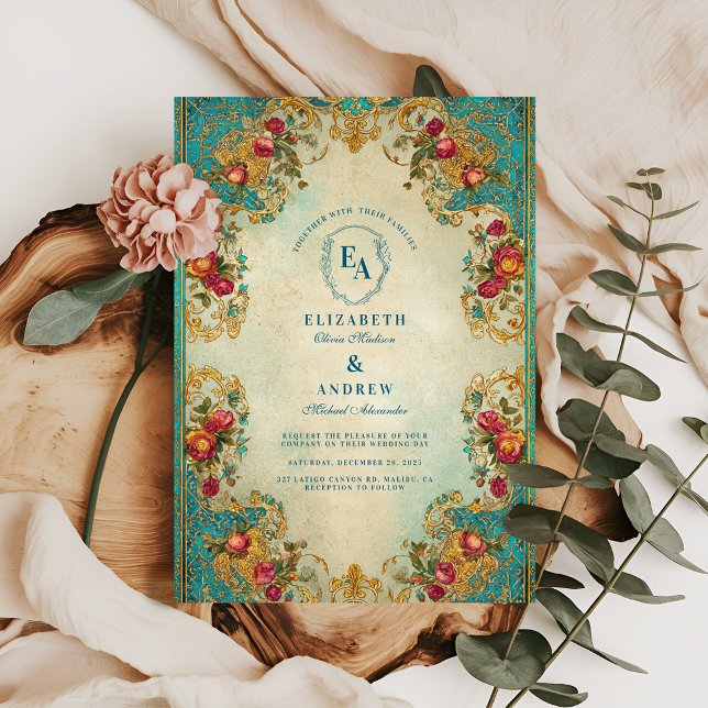 Verzierte Aquamarine Hochzeit und Goldgartenhochze Einladung (Von Creator hochgeladen)