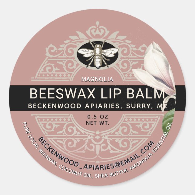 Verzierte Bienenwachs Lip Balm Heraldic Bee Magnol Runder Aufkleber (Vorderseite)