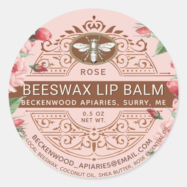 Verzierte Bienenwachs Lip Balm Heraldic Bee Rose Runder Aufkleber (Vorderseite)