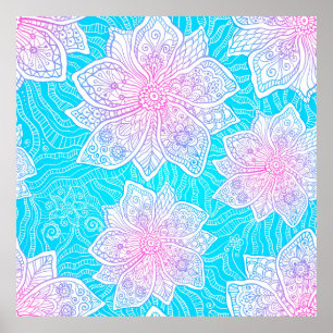 Verzierte Blume in Blau und Rosa nahtlos patentier Poster