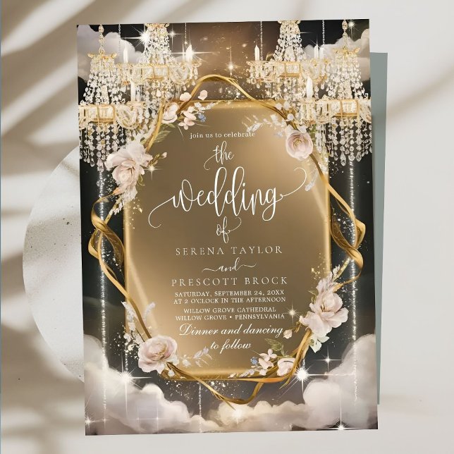 Verzierte Blumen Goldene Kronleuchter Hochzeit Einladung (Von Creator hochgeladen)